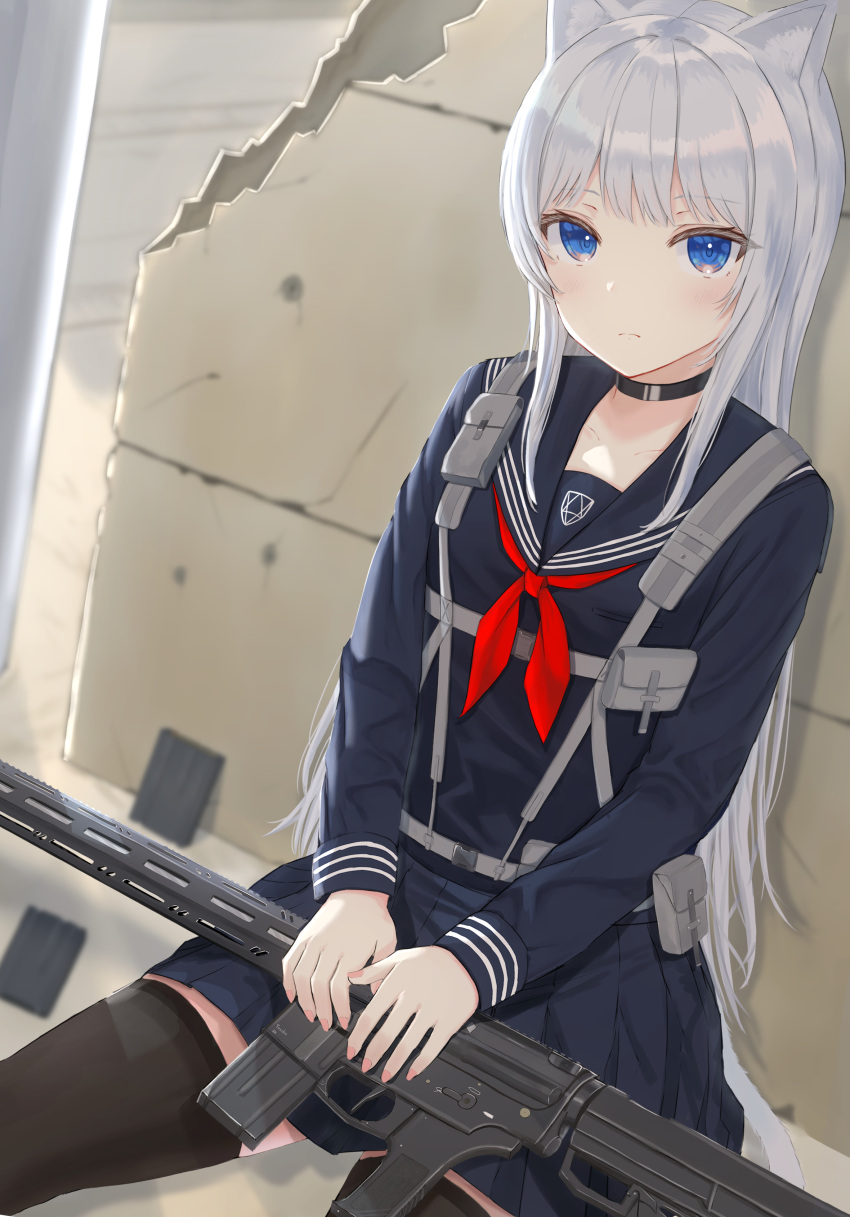 1girl absurdres against_wall animal_ears bangs belt_collar blue_eyes blue_serafuku bow bowtie broken_wall cat_ears cat_tail closed_mouth collar collarbone commentary_request cracked_wall eyebrows_visible_through_hair grey_hair gun hand_on_weapon highres light_blush long_sleeves looking_at_viewer magazine_(weapon) on_floor original red_bow school_uniform serafuku sidelocks sitting solo tail tanshio thighhighs uniform weapon white_hair zettai_ryouiki