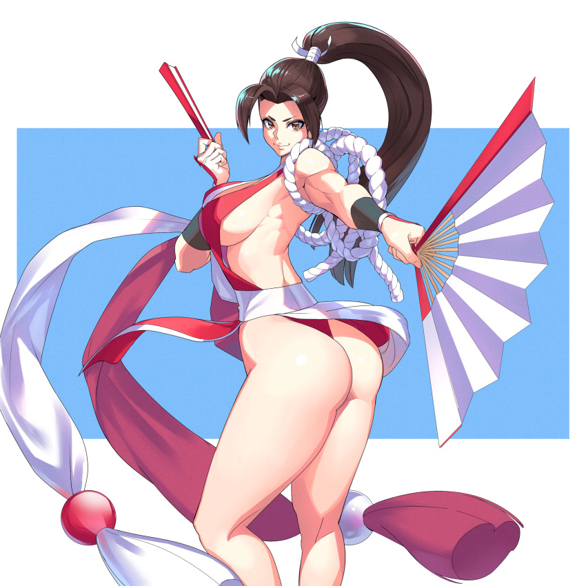 1girl absurdres ass bangs bare_shoulders breasts brown_eyes brown_hair closed_fan commentary_request fan fatal_fury folding_fan from_side high_ponytail highres holding japanese_clothes large_breasts long_hair looking_at_viewer ninja ogami parted_bangs pelvic_curtain ponytail revealing_clothes rope shiny shiny_hair shiny_skin shiranui_mai sideboob simple_background sleeveless smile solo the_king_of_fighters thighs thong tied_hair