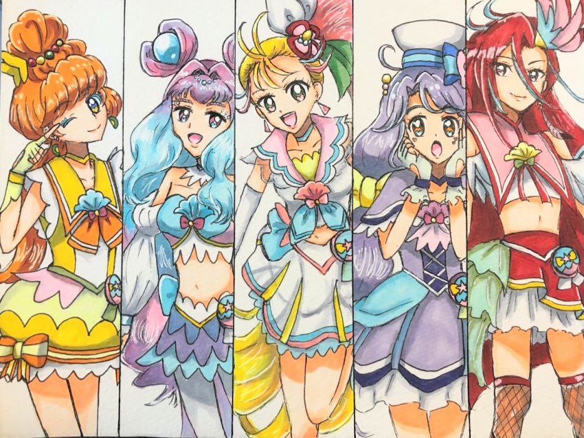 5girls :d :o ;) ahoge antenna_hair aqua_eyelashes artist_request bangs bare_shoulders beads blonde_hair blue_choker blue_eyes blue_hair bow brown_eyes bubble_skirt choker closed_mouth clothing_cutout colored_eyelashes cowboy_shot crop_top cure_coral cure_flamingo cure_la_mer cure_papaya cure_summer detached_sleeves double_bun dress dress_bow earrings eyebrows_visible_through_hair feather_earrings feathers fingerless_gloves fishnets food-themed_earrings gloves hair_beads hair_between_eyes hair_bow hair_intakes hair_ornament hair_ribbon hair_strand hand_up hands_on_own_cheeks hands_on_own_face hands_up hat hat_bow hat_ribbon head_tilt heart heart_cutout heart_facial_mark ichinose_minori jewelry kiwi_slice laura_(precure) layered_skirt leg_up long_eyelashes long_hair looking_at_viewer low_twintails magical_girl midriff multicolored multicolored_eyes multicolored_hair multiple_girls natsuumi_manatsu navel one_eye_closed open_mouth orange_hair over-kneehighs pantyhose pink_bow pink_eyes pink_hair pink_sailor_collar pouch precure purple_choker purple_dress purple_hair red_hair ribbon sailor_collar sailor_hat side_ponytail simple_background skirt smile striped striped_bow striped_ribbon suzumura_sango takizawa_asuka thighhighs triangle_earrings tropical-rouge!_precure twintails two-tone_hair upper_teeth very_long_hair wavy_hair white_gloves white_legwear yellow_bow yellow_choker yellow_dress yellow_gloves yellow_sailor_collar
