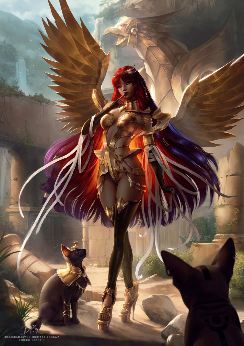 artist_name bangs black_legwear blondynkitezgraja blue_eyes blunt_bangs breasts cat commentary detached_collar duel_monster elbow_gloves english_commentary fingerless_gloves gloves gold_armor gold_choker gold_footwear golden_wings high_heels highres instagram_username jewelry long_hair multiple_cats parted_lips plant red_hair red_lips rock ruins signature the_winged_dragon_of_ra the_winged_dragon_of_ra_(personification) thighhighs toenails toes very_long_hair watermark web_address wings youtube_username yu-gi-oh!