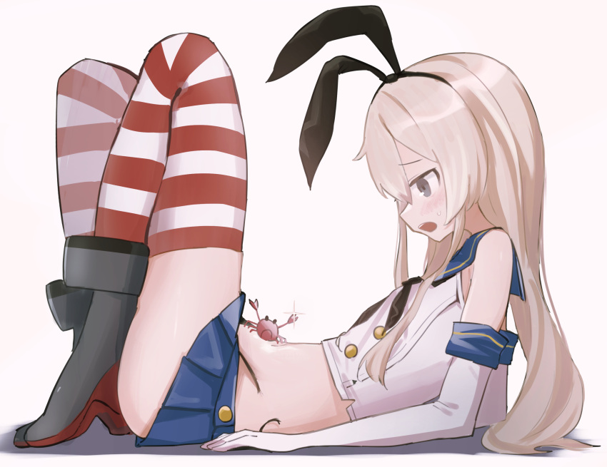 1girl 1other animal bad_anatomy bad_arm black_neckwear black_panties blonde_hair blue_sailor_collar blue_skirt blush crab crop_top elbow_gloves gloves grey_eyes hair_between_eyes haramaki_(haranomaki) highleg highleg_panties highres kantai_collection long_hair miniskirt neckerchief open_mouth panties pleated_skirt rudder_footwear sailor_collar school_uniform serafuku shimakaze_(kancolle) skirt sleeveless striped striped_legwear thighhighs underwear white_gloves