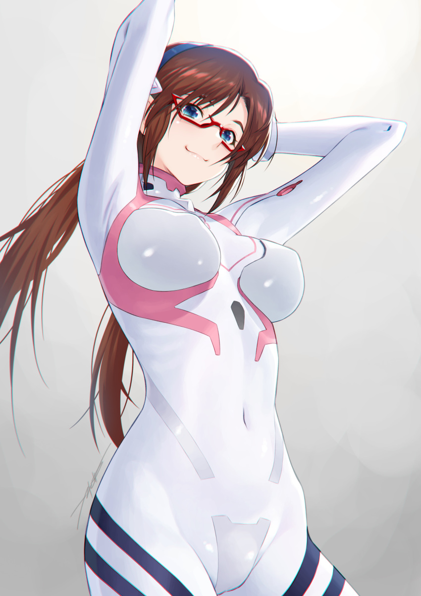 1girl absurdres arms_behind_head blue_eyes blue_hairband breasts brown_hair closed_mouth covered_navel evangelion:_3.0+1.0_thrice_upon_a_time glasses gradient gradient_background grey_background hairband highres kazuma_muramasa long_hair looking_at_viewer makinami_mari_illustrious medium_breasts neon_genesis_evangelion plugsuit rebuild_of_evangelion red-framed_eyewear semi-rimless_eyewear signature smile solo twintails under-rim_eyewear