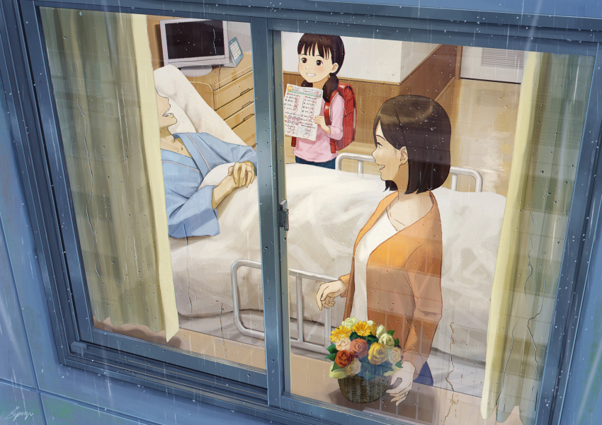 1boy 2girls backpack bag bangs bed blanket brown_hair cardigan curtains drawer flower flower_basket from_above hair_behind_ear holding holding_paper hospital_bed hospital_gown indoors looking_at_another low_twintails lying mature_female multiple_girls on_back open_mouth orange_cardigan original paper papi_(papiron100) rain shirt short_hair signature smile standing television twintails white_shirt window