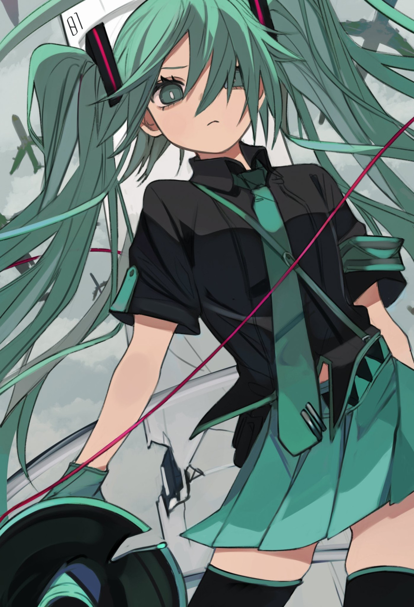 1girl aircraft airplane aqua_eyes aqua_gloves aqua_neckwear aqua_skirt bangs black_legwear black_shirt closed_mouth cloud cloudy_sky collared_shirt commentary_request cowboy_shot frown gloves grey_sky hair_over_one_eye hatsune_miku highres holding holding_megaphone koi_wa_sensou_(vocaloid) long_hair megaphone necktie pleated_skirt shirt skirt sky solo t-shirt thighhighs tokiwata_soul twintails vocaloid