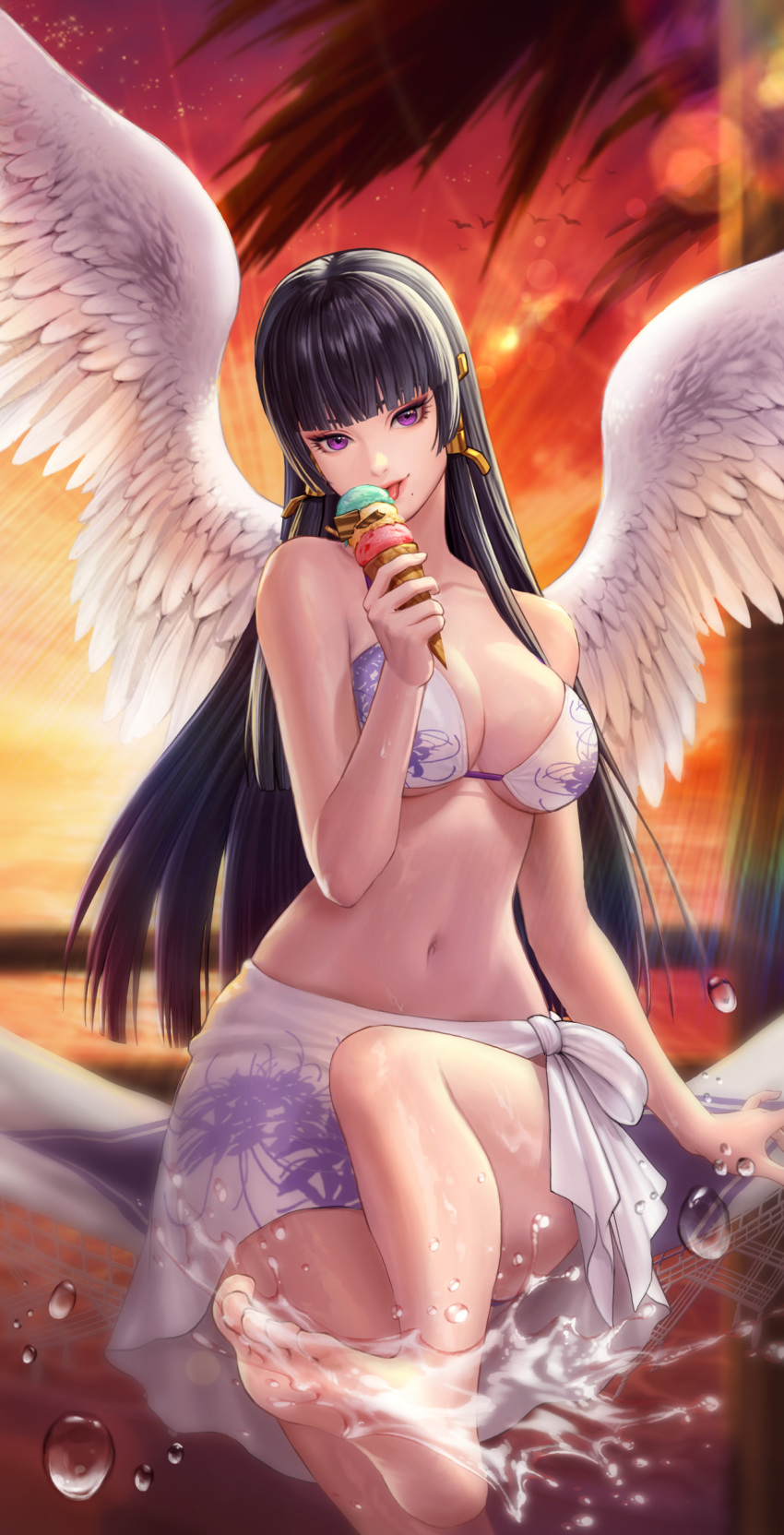 1girl absurdres artist_request bangs bare_shoulders barefoot bikini black_hair breasts cleavage collarbone commentary_request dead_or_alive dead_or_alive_6 eating eyeshadow feathered_wings food gradient gradient_sky hair_ornament highres hime_cut holding holding_food ice_cream large_breasts lips long_hair looking_at_viewer makeup medium_breasts mole mole_under_mouth navel nyotengu official_art orange_sky purple_eyes sarong shiny shiny_hair simple_background sitting sky smile stomach sunset swimsuit the_king_of_fighters the_king_of_fighters_all-stars toes tongue water water_drop wings