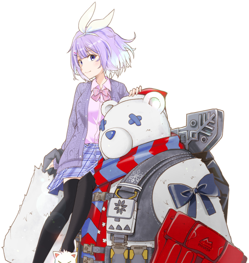 1boy 1girl animal_costume apex_legends bangs bear_costume blue_hair breasts brudda_bear_gibraltar cardigan cat_slippers collared_shirt colored_inner_hair eyebrows_visible_through_hair gibraltar_(apex_legends) grey_cardigan hair_ribbon hat highres looking_at_viewer medium_breasts multicolored_hair nijisanji nijisanji_kr nun_bora pink_shirt purple_hair ribbon santa_hat school_uniform shirt sitting sitting_on_shoulder slippers thighhighs tonogai_yoshiki virtual_youtuber white_background white_ribbon