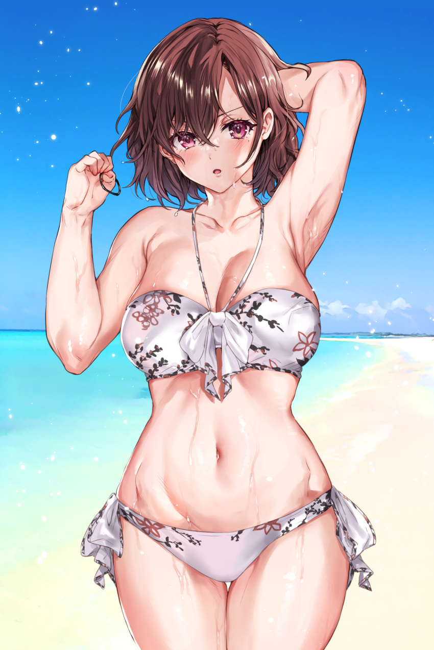 1girl :o arm_behind_head arm_up armpits bangs beach bikini blue_sky blush breasts brown_hair cleavage clenched_hand cloud collarbone commentary_request cowboy_shot day eno_yukimi floral_print front-tie_bikini front-tie_top groin hair_between_eyes halter_top halterneck hand_in_hair hand_up highres higuchi_madoka horizon idolmaster idolmaster_shiny_colors large_breasts legs_together light_particles looking_at_viewer mole mole_under_eye navel ocean outdoors parted_bangs pink_eyes print_bikini shiny shiny_hair shiny_skin short_hair side-tie_bikini sky solo standing stomach swimsuit thigh_gap wet white_bikini
