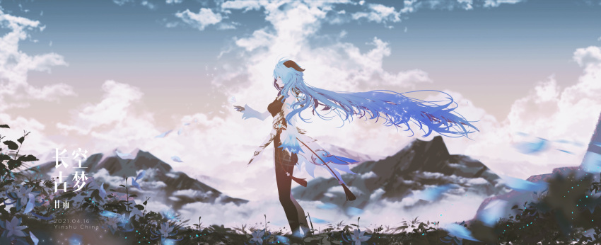 1girl absurdres bare_shoulders black_bodysuit black_gloves blue_hair bodystocking bodysuit breasts cloud detached_sleeves from_side ganyu_(genshin_impact) genshin_impact gloves goat_horns highres horns landscape li0n_(kongshushiwo) long_hair medium_breasts mountain mountainous_horizon outdoors scenery sky translation_request very_long_hair wide_shot