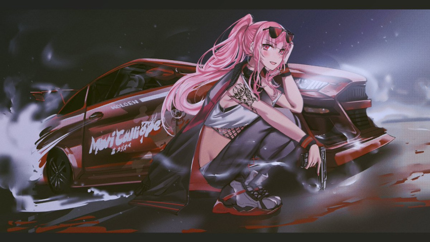 1girl :d arm_tattoo bangs black_jacket black_pants blush car eyewear_on_head ground_vehicle gun handgun holding holding_gun holding_weapon hololive hololive_english jacket jacket_on_shoulders long_hair mori_calliope motor_vehicle open_mouth pants pink_hair pistol ponytail red_eyes set7 smile solo spoiler_(automobile) sunglasses sweatpants tattoo vehicle_focus vehicle_request virtual_youtuber weapon