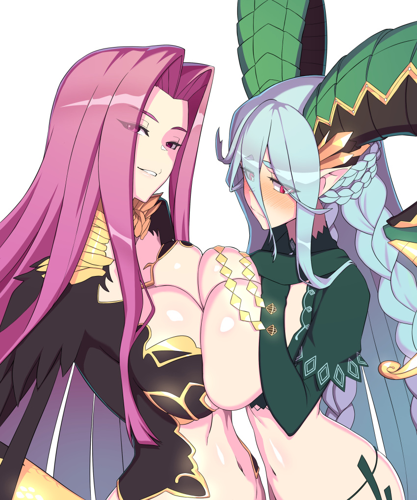 +_+ 2girls absurdres bangs blush breast_press breasts bustier claws cleavage_cutout clothing_cutout crossed_bangs curled_horns fate/grand_order fate_(series) gloves gorgon_(fate) green_hair highres horns huge_breasts hyperbudd large_breasts long_hair long_horns looking_at_viewer medusa_(fate) monster_girl multiple_girls navel pointy_ears purple_hair red_eyes scales square_pupils striped striped_gloves symbol-shaped_pupils symmetrical_docking take_your_pick tiamat_(fate) vertical-striped_gloves very_long_hair