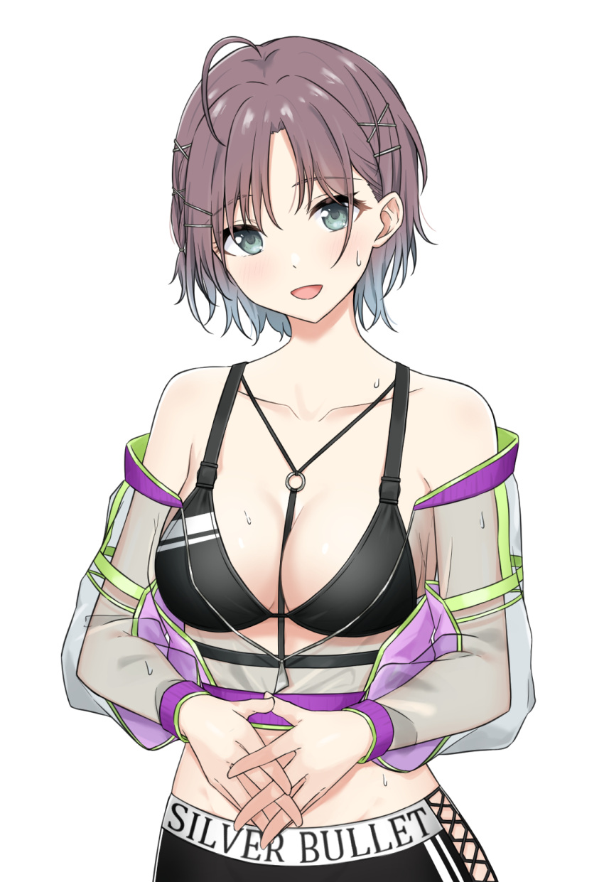 1girl :o ahoge asakura_tooru bangs bare_shoulders between_breasts black_bra blue_hair blush bra braid breasts cleavage collarbone duplicate gradient_hair groin hands_together head_tilt highres idolmaster idolmaster_shiny_colors interlocked_fingers jacket looking_at_viewer medium_breasts multicolored_hair o-ring off_shoulder open_clothes open_jacket parted_bangs pixel-perfect_duplicate print_shorts purple_hair see-through see-through_jacket short_hair shorts simple_background solo strap_between_breasts sweatdrop tennen_inari underwear upper_body white_background