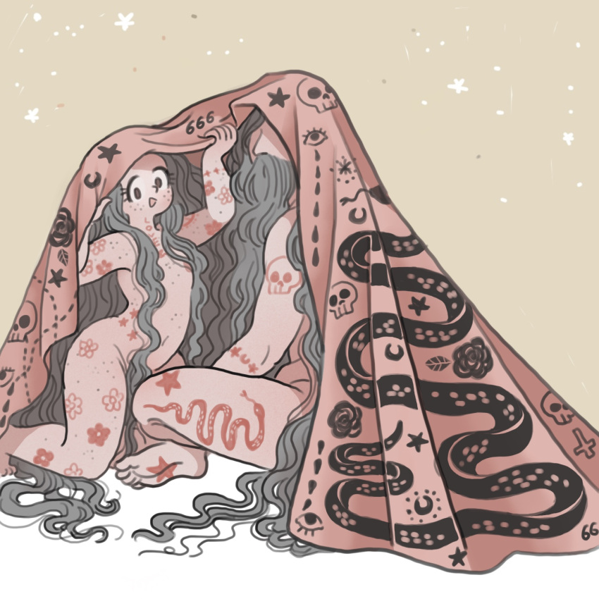 1boy 1girl arms_up beard blanket breasts facial_hair flower_tattoo freckles grey_hair highres long_hair looking_at_viewer no_eyes nude open_mouth original panoramango skull_tattoo small_breasts smile snake_tattoo star_tattoo tattoo very_long_hair