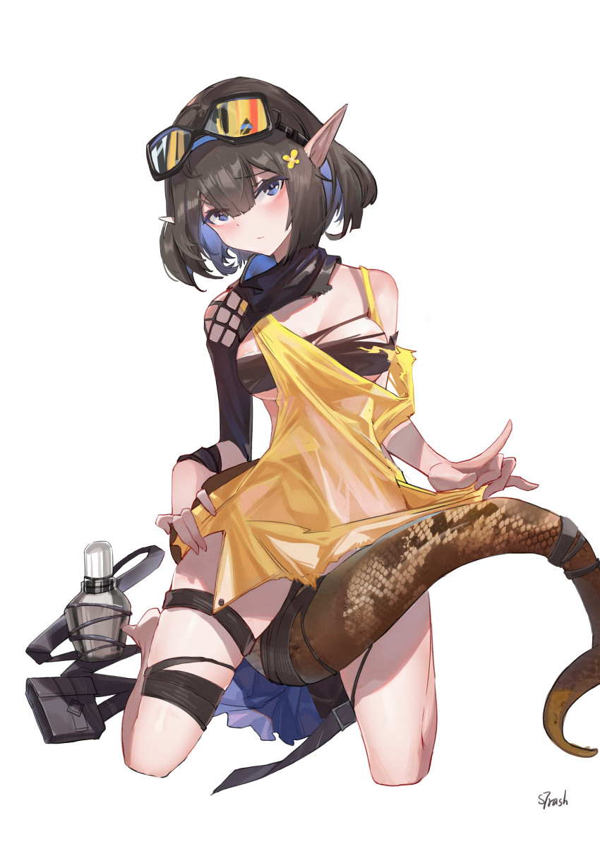 1girl absurdres anaconda areolae arknights arm_strap bandeau bare_shoulders black_scarf blue_eyes blue_hair blue_hairband breasts breasts_apart breasts_outside brown_hair cleavage clothes_lift dress eunectes_(arknights) flower full_body goggles goggles_on_head hair_between_eyes hair_flower hair_ornament hairband highres kneeling looking_at_viewer medium_breasts multicolored_hair pointy_ears scarf simple_background skirt skirt_lift small_garbage snake_tail solo strapless tail thigh_strap torn_clothes torn_dress tsurime tubetop two-tone_hair white_background yellow_dress