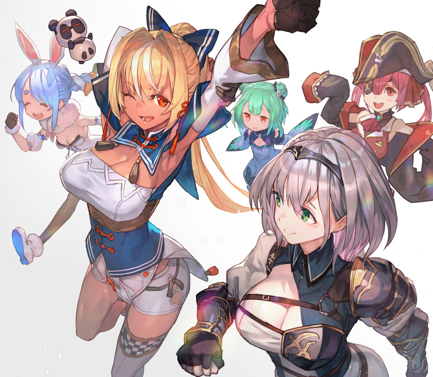 5girls :d ;d ^_^ ^o^ animal_ear_fluff animal_ears animal_print arm_cuffs arm_up armor armpits arms_behind_head arms_up ascot bangs bicorne black_coat black_gloves black_headwear black_legwear black_leotard blonde_hair blue_bow blue_dress blue_shirt blush boots bow braid breasts brooch bunny_ears butterfly_print carrot_hair_ornament center_opening checkered chest_belt cleavage closed_eyes closed_mouth coat collared_shirt corset cowboy_shot cropped_jacket dark-skinned_female dark_skin detached_sleeves don-chan_(usada_pekora) double_bun dress elf eyebrows_visible_through_hair eyepatch fingerless_gloves flat_chest floating food-themed_hair_ornament full_body fur-trimmed_footwear fur-trimmed_gloves fur_scarf fur_trim gloves green_eyes green_hair grey_background hair_between_eyes hair_bow hair_ornament hairband half_gloves hat highres hikimayu hololive hololive_fantasy houshou_marine jacket jewelry kintsuba_(shiranui_flare) lack large_breasts leotard leotard_under_clothes light_blue_hair long_hair looking_at_another looking_at_viewer looking_to_the_side medium_breasts multicolored_hair multiple_girls non-web_source off-shoulder_dress off_shoulder official_art one_eye_closed open_mouth pantyhose parted_bangs pauldrons pirate_hat pointy_ears ponytail red_eyes red_hair red_jacket red_neckwear running shiranui_flare shirogane_noel shirt short_dress short_hair short_shorts shorts shoulder_armor silver_hair simple_background single_pauldron single_thighhigh sleeveless sleeveless_jacket sleeves_past_fingers sleeves_past_wrists small_breasts smile strap stretch tassel thick_eyebrows thighhighs thighs tiara twin_braids twintails two-tone_hair two-tone_shirt upper_body uruha_rushia usada_pekora vambraces virtual_youtuber white_dress white_hair white_legwear white_shirt white_shorts