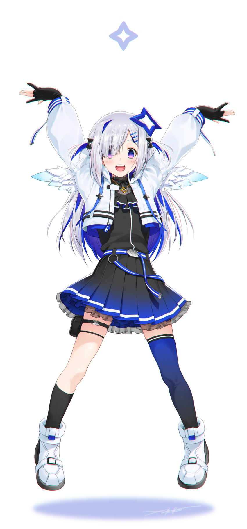 1girl absurdres amane_kanata angel_wings asymmetrical_legwear bangs belt black_bow black_legwear black_shirt black_skirt blue_hair blue_legwear blue_skirt bow eyebrows_visible_through_hair feathered_wings fingerless_gloves full_body gloves gradient gradient_legwear gradient_skirt hair_bow hair_ornament hair_over_one_eye hairclip hands_up highres hololive holster jacket jewelry kazuma_muramasa legs_apart long_hair looking_at_viewer multicolored_hair neck_ruff necklace official_alternate_costume open_clothes open_jacket open_mouth pleated_skirt purple_eyes shirt shoes sidelocks signature silver_hair single_thighhigh skindentation skirt smile sneakers solo streaked_hair swept_bangs thigh_holster thigh_strap thighhighs uneven_legwear upper_teeth virtual_youtuber white_jacket wings