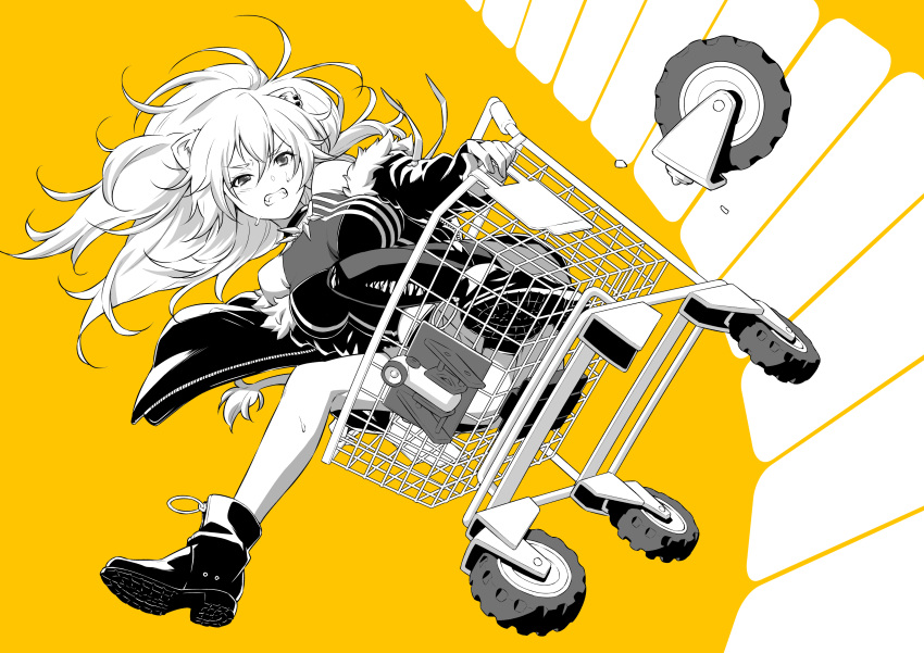 1girl absurdres animal_ears breaking breasts fur-trimmed_jacket fur_trim greyscale highres hololive jacket kazuma_muramasa large_breasts lion_ears lion_tail long_hair monochrome riding shishiro_botan shopping_cart single_thighhigh sweat tail thighhighs trials_(series) trials_rising virtual_youtuber wheel yellow_background