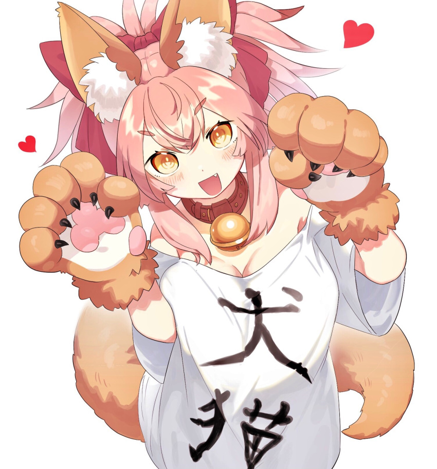 1girl animal_ear_fluff animal_ears bell breasts cat_paws cleavage eyebrows_visible_through_hair fang fate_(series) fox_ears fox_girl fox_tail gloves hair_ribbon heart highres jingle_bell large_breasts long_hair looking_at_viewer neck_bell open_mouth paw_gloves paw_pose paws pink_hair ponytail red_ribbon ribbon shirt simple_background solo tail tamamo_(fate)_(all) tamamo_cat_(fate) translation_request tsukimi_okayu white_background white_shirt yellow_eyes