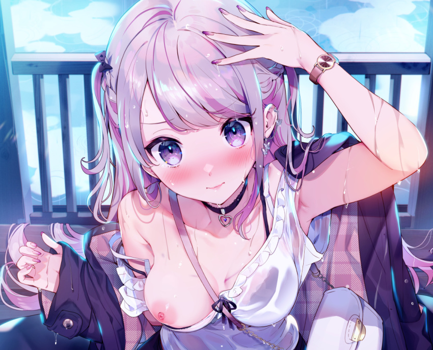 aliasing blush bow bra braids choker close cropped cut_(bu-kunn) long_hair nipple_slip nipples original purple_eyes purple_hair rain see_through twintails underwear undressing water wet wristwear