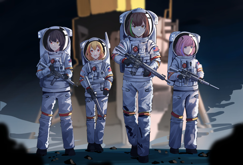 4girls absurdres anti-rain_(girls'_frontline) ar-15 assault_rifle astronaut commission for_all_mankind gar32 girls'_frontline gun highres holding holding_gun holding_weapon m4_carbine m4_sopmod_ii m4_sopmod_ii_(girls'_frontline) m4a1_(girls'_frontline) moon multiple_girls parody rifle ro635 ro635_(girls'_frontline) scope space_helmet spacesuit st_ar-15_(girls'_frontline) submachine_gun weapon