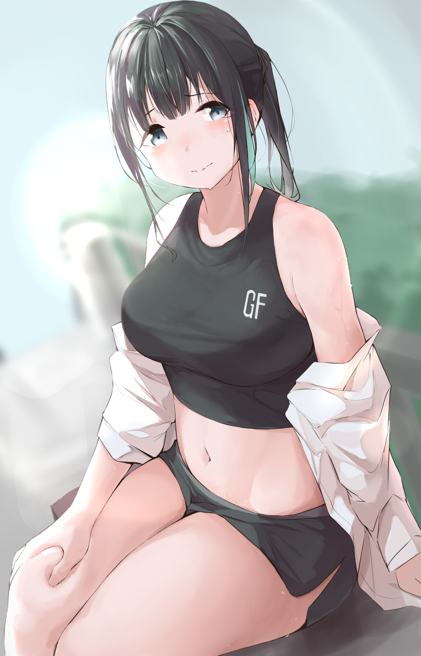 1girl absurdres bare_shoulders black_hair black_shorts black_tank_top breasts chinese_commentary commentary_request dolphin_shorts girls'_frontline green_hair grey_eyes highres large_breasts looking_at_viewer m4a1_(girls'_frontline) midriff multicolored_hair navel off_shoulder open_clothes open_shirt painnico ponytail shirt shorts sidelocks sitting smile solo streaked_hair sweat tank_top white_shirt