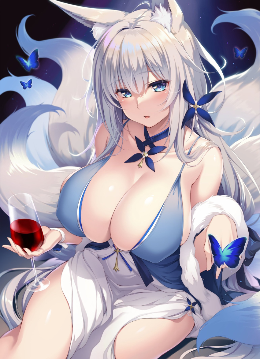 1girl animal_ear_fluff animal_ears azur_lane bangs blue_butterfly blue_dress blue_eyes breasts bug butterfly butterfly_hair_ornament cleavage collarbone covered_nipples cup dress eyebrows_visible_through_hair feather_boa fox_ears fox_tail glass hair_ornament halter_dress halterneck highres holding holding_cup insect large_breasts long_hair looking_at_viewer multiple_tails official_alternate_costume open_mouth shinano_(azur_lane) shinano_(light_of_the_hazy_moon)_(azur_lane) silver_hair sitting skindentation sleeveless sleeveless_dress solo tail white_tail yuzu_modoki