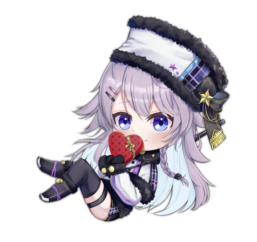 absurdres black_footwear black_gloves black_skirt blue_eyes blue_hair braid candy chibi chocolate chocolate_heart colored_inner_hair eyebrows_visible_through_hair food fur_hat gloves hair_ornament hairclip hat heart highres horo_27 long_hair multicolored_hair nijisanji nijisanji_kr nun_bora purple_hair skirt smile thigh_strap thighhighs ushanka valentine virtual_youtuber white_background