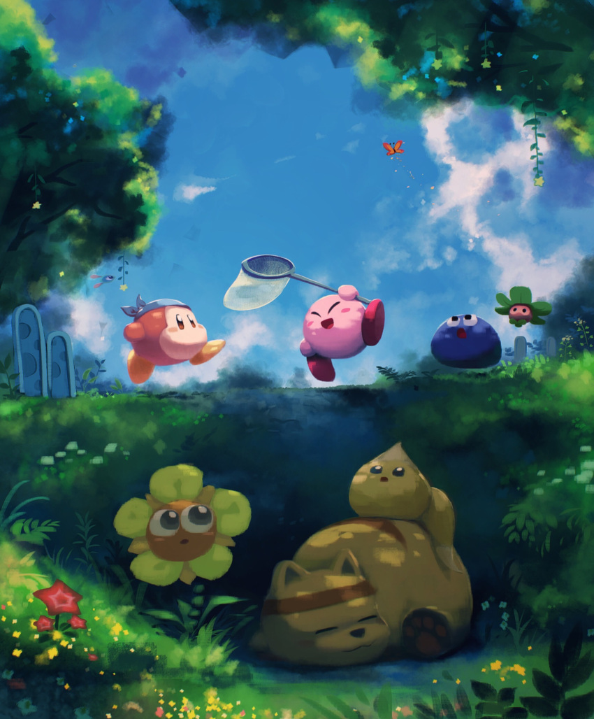 bandana_waddle_dee blue_sky blush_stickers bug butterfly butterfly_net cerulean_(kirby) chip_(kirby) flower gooey grizzo hand_net highres insect kirby kirby_(series) leafan looking_up lovely_(kirby) running shade sky smile suyasuyabi tree