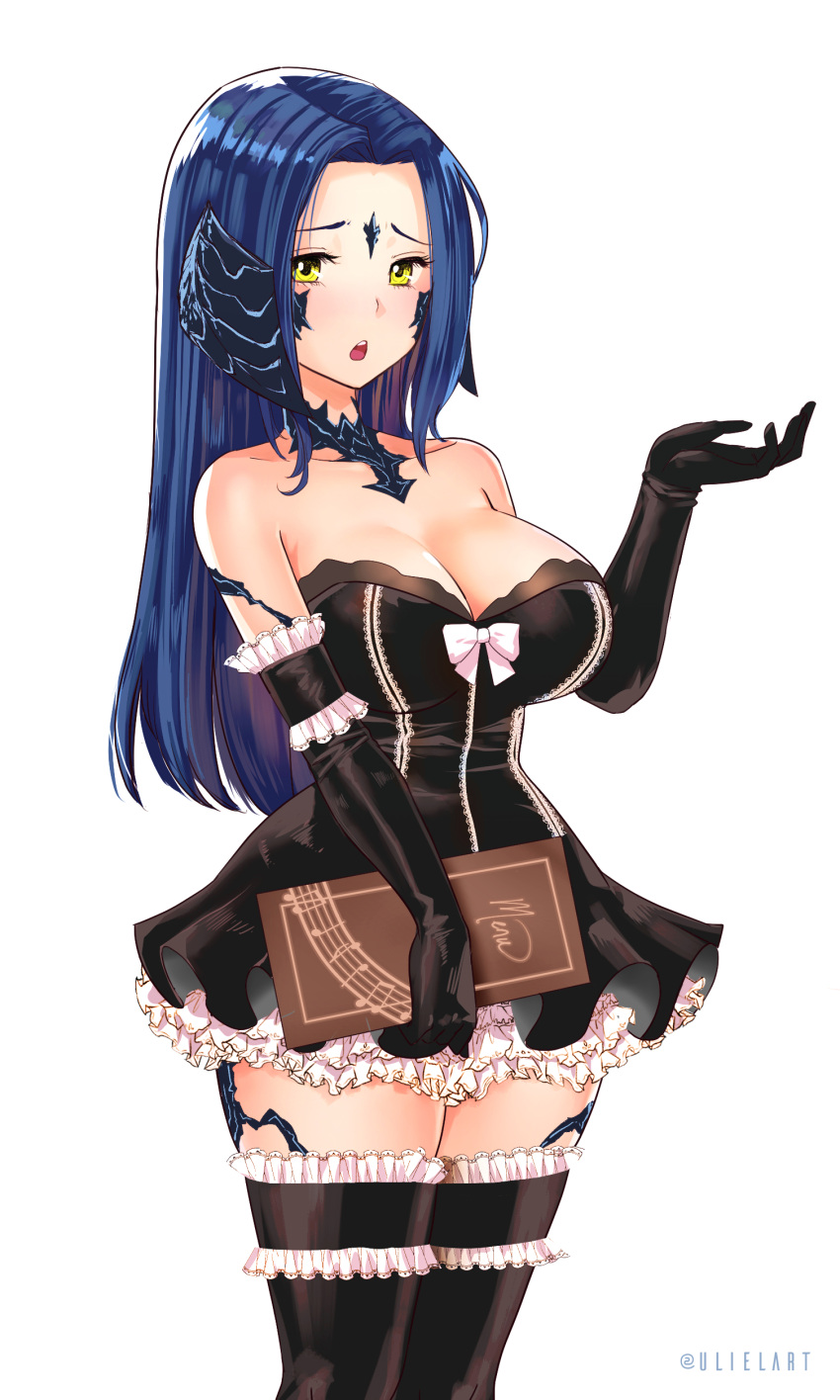 1girl absurdres au_ra bare_shoulders black_gloves black_legwear blue_hair blush bow breasts cleavage collarbone elbow_gloves final_fantasy final_fantasy_xiv frilled_gloves frilled_legwear frills gloves highres holding holding_menu horns long_hair looking_at_viewer menu musical_note open_mouth simple_background solo teeth twitter_username uliel upper_teeth white_background white_bow yellow_eyes