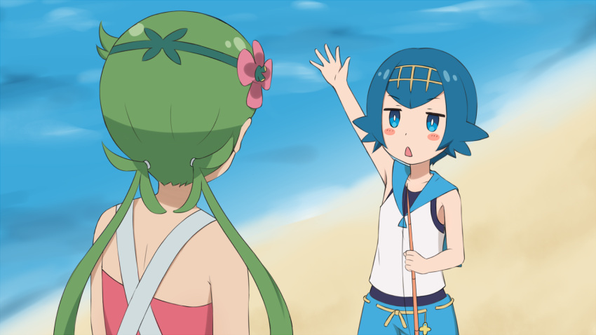 2girls arm_up bangs bare_arms blue_eyes blue_hair blue_pants blue_sailor_collar blush_stickers bright_pupils commentary day eyebrows_visible_through_hair fishing_rod flower green_hair grey_overalls hair_flower hair_ornament hairband highres holding holding_fishing_rod lana_(pokemon) long_hair mallow_(pokemon) multiple_girls non_non_biyori one-piece_swimsuit open_mouth outdoors pants parody pink_flower pokemon pokemon_(game) pokemon_sm rutorifuki sailor_collar sand shirt shore short_hair sleeveless sleeveless_shirt swimsuit swimsuit_under_clothes trial_captain twintails water white_pupils white_shirt yellow_hairband