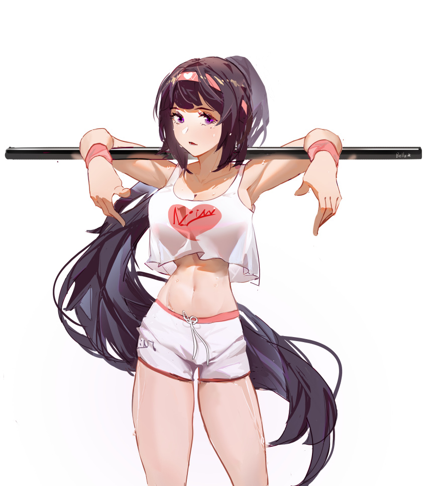 1girl a-soul absurdres arms_up bangs bare_legs bella_(a-soul) black_hair breasts cleavage collarbone commentary cowboy_shot crop_top english_commentary hairband heart highres large_breasts long_hair looking_at_viewer navel parted_lips pink_hairband pink_wristband ponytail purple_eyes shenqi_de_(9) shorts simple_background solo sweat tank_top very_long_hair virtual_youtuber wet white_background white_shorts white_tank_top