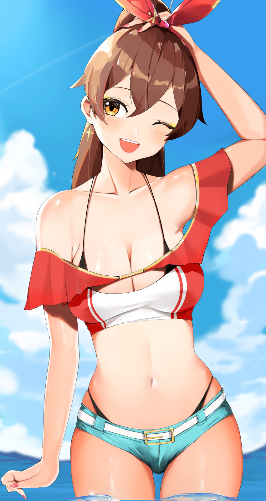 1girl ;d absurdres amber_(genshin_impact) aqua_shorts arm_at_side arm_up bangs belt belt_buckle bikini bikini_under_clothes black_bikini blue_sky blush bow bow_hairband breasts brown_hair buckle cleavage cloud collarbone cowboy_shot crop_top day earrings eyeshadow genshin_impact hairband hand_on_own_head head_tilt highres jewelry long_hair looking_at_viewer makeup medium_breasts mutsu_ane_daisuki nail_polish navel ocean off-shoulder_shirt off_shoulder one_eye_closed open_mouth orange_eyes outdoors ponytail red_bow red_nails red_shirt revision shirt short_shorts shorts skindentation sky smile solo stomach swimsuit thong_bikini upper_teeth wading water