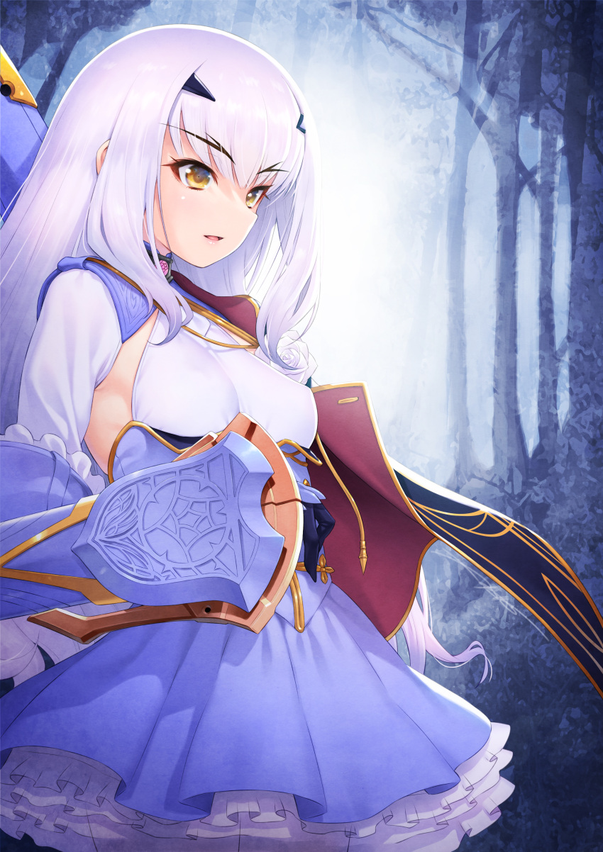 1girl absurdres blue_cape blue_dress breasts brown_eyes cape dress eyebrows_visible_through_hair fairy_knight_lancelot_(fate) fate/grand_order fate_(series) forest frills highres kazuma_muramasa long_hair long_sleeves nature parted_lips sidelocks small_breasts solo weapon white_hair