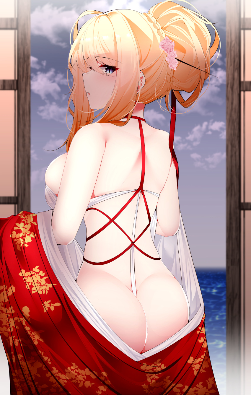 ass azur_lane glorious_(azur_lane) japanese_clothes no_bra nopan open_shirt samip