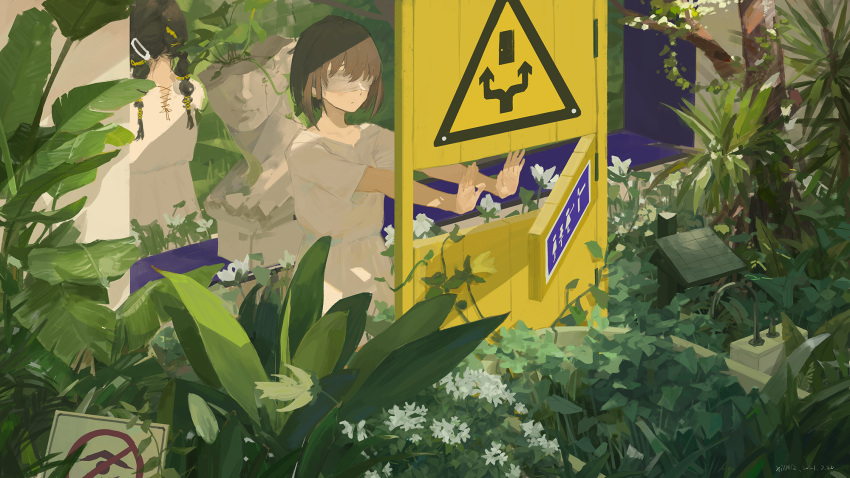 2girls blindfold brown_hair bust_(sculpture) commentary_request dress flower from_behind hair_ornament hairclip highres long_hair multiple_girls open_hands original outstretched_hand overgrown plant scenery shadow short_hair short_sleeves sign sink twintails white_dress xilmo