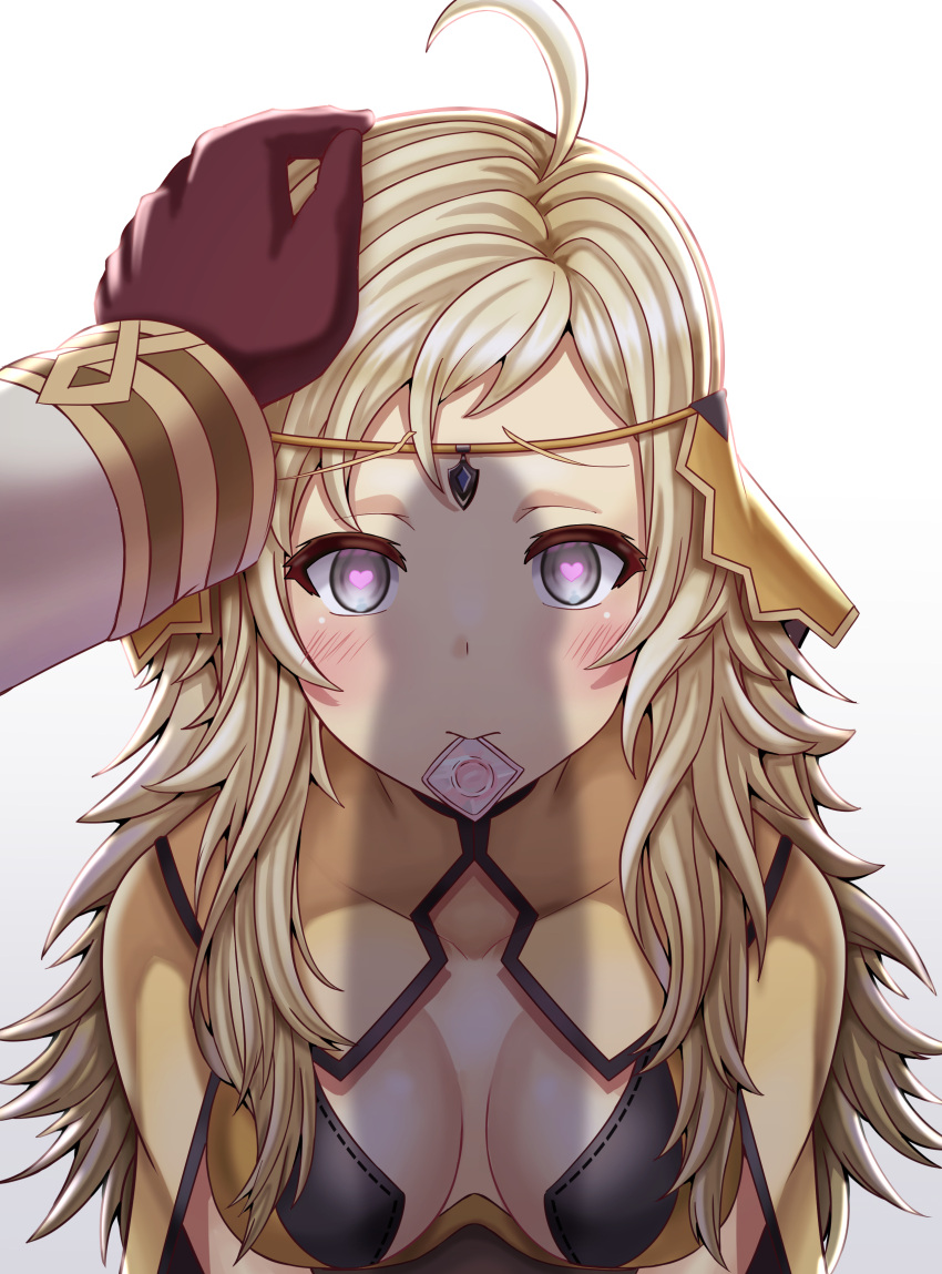 1boy 1girl absurdres ahoge bangs blonde_hair breasts circlet commission commissioner_upload condom condom_in_mouth fire_emblem fire_emblem_fates fire_emblem_heroes gloves grey_eyes heart heart-shaped_pupils hetero highres implied_fellatio kiran_(fire_emblem) long_hair looking_at_viewer male_hand medium_breasts mouth_hold ophelia_(fire_emblem) penis_shadow saikunartworks symbol-shaped_pupils