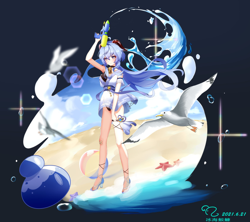 1girl 2021 absurdres ahoge arm_up ball bandaid beach beachball bell bikini blue_hair breasts cleavage close-up colored_tips cowbell dated day frown ganyu_(genshin_impact) genshin_impact goat_horns high_heels highleg highleg_bikini highres holding holding_water_gun horns long_hair medium_breasts monkfish992 neck_bell outdoors purple_eyes sand see-through shore sparkle starfish stomach strappy_heels super_soaker swimsuit thighs water_gun