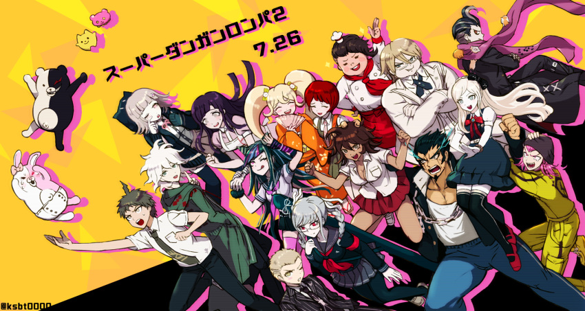 6+boys 6+girls :d ahoge animal animal_hood bangs black_bow black_hair black_headwear black_jacket black_legwear black_shirt blonde_hair blue_hair blue_pants bow braid breasts brown_hair brown_skirt cat_hood chain cham-p chef_hat clenched_hand closed_eyes collarbone commentary_request crossed_arms danganronpa_(series) danganronpa_2:_goodbye_despair dated diaper dress dress_shirt everyone facing_viewer fat fat_man glasses green_dress green_eyes green_neckwear grey_hair grey_skirt hair_bow hair_horns hair_ribbon hajime_(gitoriokawaii) hamster hanamura_teruteru hat hinata_hajime holding hood hood_up jacket japanese_clothes jum-p jumpsuit kimono koizumi_mahiru komaeda_nagito kuzuryuu_fuyuhiko long_hair looking_at_viewer maga-g medium_breasts messy_hair mioda_ibuki monokuma monomi_(danganronpa) multicolored_hair multiple_boys multiple_girls muscular muscular_male nanami_chiaki neck_ribbon necktie nidai_nekomaru open_mouth orange_kimono owari_akane pants pantyhose pekoyama_peko piercing pink_eyes pink_hair pink_ribbon pink_scarf ribbon saionji_hiyoko scarf school_uniform serafuku shiny shiny_hair shirt short_hair skirt smile sonia_nevermind souda_kazuichi striped_jacket sun-d sweat tanaka_gandamu thighhighs togami_byakuya_(danganronpa_2) translation_request tsumiki_mikan two-tone_shirt white-framed_eyewear white_hair white_jacket white_ribbon white_shirt yellow_background yellow_jumpsuit