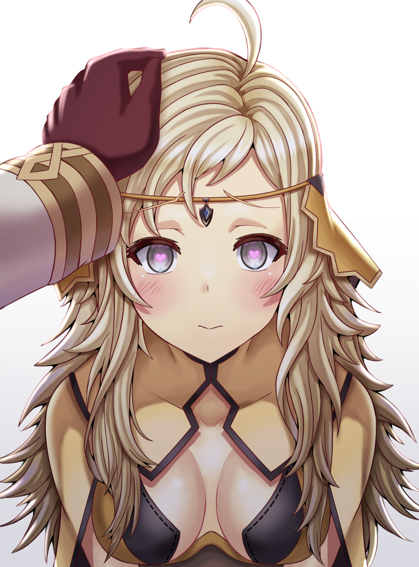 1boy 1girl absurdres ahoge bangs blonde_hair breasts circlet closed_mouth commission commissioner_upload fire_emblem fire_emblem_fates fire_emblem_heroes gloves grey_eyes heart heart-shaped_pupils hetero highres kiran_(fire_emblem) long_hair looking_at_viewer male_hand medium_breasts ophelia_(fire_emblem) saikunartworks symbol-shaped_pupils