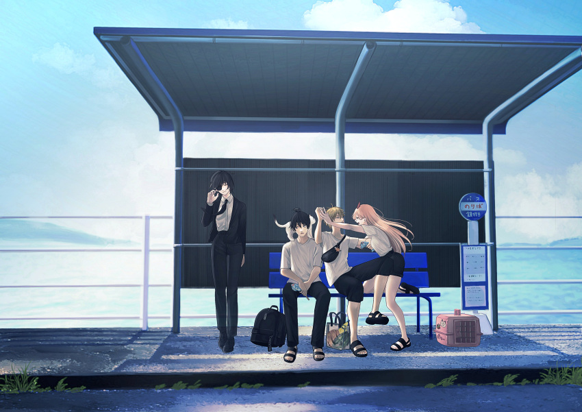 2boys 2girls animal_on_shoulder arguing backpack bag bench black_footwear black_hair black_jacket black_neckwear black_pants black_shorts black_suit blonde_hair blue_sky breasts bus_stop cat cat_on_shoulder chainsaw_man closed_eyes closed_mouth cloud cloudy_sky collared_shirt commentary day demon_horns denji_(chainsaw_man) dress_shirt eyepatch fanny_pack food formal fruit full_body ghost hayakawa_aki_(chainsaw_man) highres himeno_(chainsaw_man) holding horns jacket long_hair looking_at_another looking_to_the_side meowy_(chainsaw_man) multiple_boys multiple_girls necktie one_eye_covered open_clothes open_jacket open_mouth outdoors pant_suit pants pet_carrier pink_hair pochita_(chainsaw_man) popsicle_stick power_(chainsaw_man) sandals sharp_teeth shirt shirt_tucked_in shoes shopping_bag short_hair shorts sitting sky small_breasts smile standing suit symbol_commentary t-shirt teeth topknot toukaairab transparent watermelon white_shirt wind wing_collar wrapper