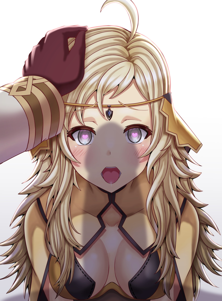 1boy 1girl absurdres ahoge bangs blonde_hair breasts circlet commission commissioner_upload fire_emblem fire_emblem_fates fire_emblem_heroes gloves grey_eyes heart heart-shaped_pupils hetero highres implied_fellatio kiran_(fire_emblem) long_hair looking_at_viewer male_hand medium_breasts open_mouth ophelia_(fire_emblem) penis_shadow saikunartworks symbol-shaped_pupils