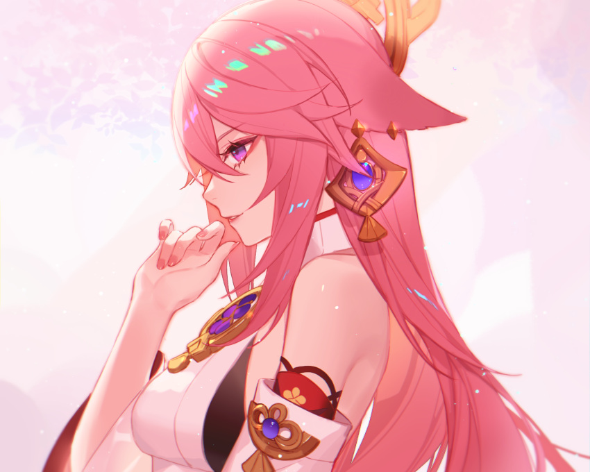 1girl animal_ears bangs bare_shoulders commentary detached_sleeves dress from_side genshin_impact hand_on_own_chin hand_up highres jesse_(pixiv34586727) light_particles lips long_hair nail_polish parted_lips pink_background pink_hair pink_nails profile purple_eyes red_lips shiny shiny_hair shiny_skin solo upper_body vision_(genshin_impact) white_background white_dress yae_(genshin_impact)