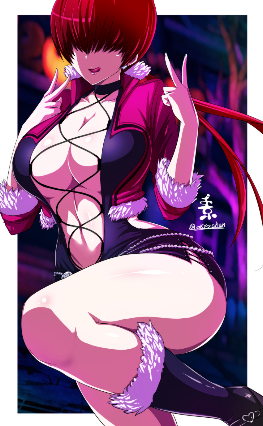 1girl bangs black_footwear black_skirt blurry blurry_background boots border breasts cleavage_cutout clothing_cutout cross-laced_clothes double_v fur_trim hair_over_eyes heart highres huge_breasts jacket long_hair long_sleeves navel okyou open_mouth red_hair shermie_(kof) signature skirt solo split_ponytail the_king_of_fighters the_king_of_fighters_xv thighhighs tongue tongue_out twitter_username v white_border