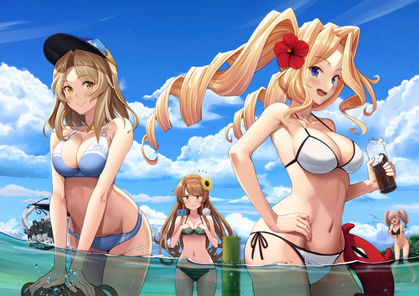 &gt;_&lt; 4girls abyssal_ship atlanta_(kancolle) bare_arms bare_shoulders bikini bikini_top black_bikini blonde_hair blue_bikini blue_eyes blush bokukawauso breasts brown_hair cleavage closed_mouth clothes_writing cloud cloudy_sky collarbone day drill_hair enemy_lifebuoy_(kancolle) enemy_naval_mine_(kancolle) eyebrows_visible_through_hair flower flying_sweatdrops front-tie_top green_bikini green_eyes groin hair_flower hair_ornament hat helena_(kancolle) highres holding honolulu_(kancolle) houston_(kancolle) ichikawa_feesu kantai_collection large_breasts long_hair multiple_girls navel o-ring o-ring_bikini open_mouth partially_submerged peaked_cap red_flower side-tie_bikini sky smile sunflower swimsuit twin_drills twintails two_side_up water white_bikini yellow_flower