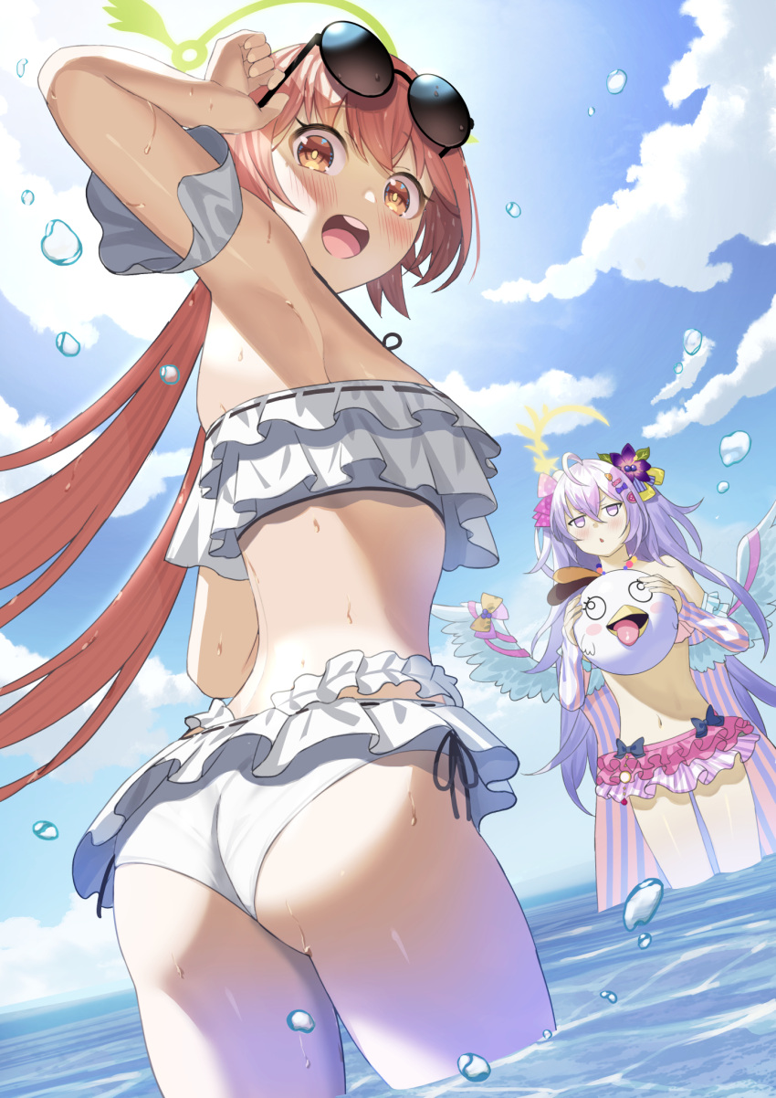 2girls armpits ass azusa_(blue_archive) beppu_mitsunaka blue_archive blush breasts collarbone commentary_request halo hifumi_(blue_archive) highres light_brown_hair long_hair multiple_girls navel ocean open_mouth silver_hair sky small_breasts sunglasses swimsuit water wet