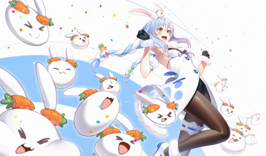 &gt;_&lt; 1girl :3 :d absurdres animal_ear_fluff animal_ears bangs black_gloves black_leotard blue_hair blue_ribbon blurry bow braid breasts bunny-shaped_pupils bunny_ears bunny_tail carrot_hair_ornament clenched_hands commentary confetti creature depth_of_field detached_sleeves don-chan_(usada_pekora) dress eyebrows_visible_through_hair floating_hair food-themed_hair_ornament fur-trimmed_dress fur-trimmed_gloves fur_trim gloves hair_between_eyes hair_bow hair_ornament hands_up highres hikimayu hololive huge_filesize jumping leg_garter leg_up leotard leotard_under_clothes long_hair looking_away manamachii mary_janes multicolored_hair nousagi_(usada_pekora) open_mouth orange_eyes pantyhose pocket pom_pom_(clothes) puffy_short_sleeves puffy_sleeves rabbit_girl ribbon shiny shiny_clothes shoes short_eyebrows short_sleeves sidelocks small_breasts smile strapless strapless_dress strapless_leotard tail thick_eyebrows twin_braids twintails two-tone_hair upper_teeth usada_pekora virtual_youtuber white_background white_bow white_dress white_footwear white_hair