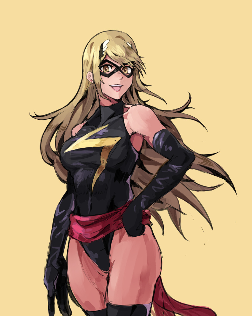 1girl bangs bare_shoulders blonde_hair breasts carol_danvers cleavage domino_mask earrings gloves highres jewelry large_breasts leotard long_hair looking_at_viewer marvel mask ms._marvel mythra_(xenoblade) saiykik smile solo superhero swept_bangs thighhighs very_long_hair xenoblade_chronicles_(series) xenoblade_chronicles_2 yellow_eyes