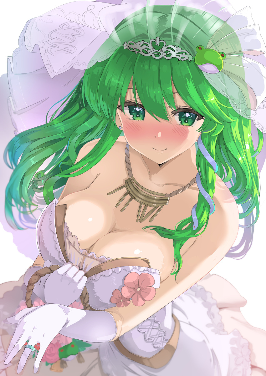 1girl absurdres breasts bridal_gauntlets bridal_veil commentary_request dress elbow_gloves frills gloves green_eyes green_hair highres japanese_clothes kimono kochiya_sanae large_breasts long_hair pink_dress puuakachan solo touhou uchikake veil wedding_dress white_dress