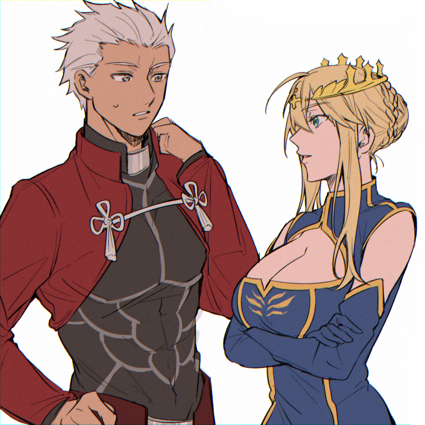 1boy 1girl ahoge archer_(fate) artoria_pendragon_(all) artoria_pendragon_(lancer)_(fate) blonde_hair breasts cleavage crossed_arms dark_skin elbow_gloves eyebrows_visible_through_hair fate/grand_order fate_(series) gloves green_eyes grey_hair hair_bun highres kulissara-aung large_breasts looking_at_another parted_lips simple_background teeth white_background