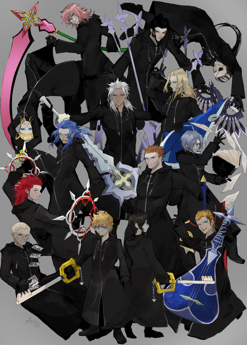 2girls 6+boys absurdres antenna_hair axel_(kingdom_hearts) black_coat_(kingdom_hearts) black_hair blonde_hair blue_eyes blue_hair brown_hair card chakram claymore_(sword) coat dagger dark_skin demyx eyepatch grey_background highres instrument jtgbaaa keyblade kingdom_hearts kingdom_hearts_358/2_days knife larxene lexaeus looking_at_viewer luxord marluxia multicolored_hair multiple_boys multiple_girls organization_xiii playing_card polearm ponytail purple_eyes red_hair roxas saix scar scythe shield silver_hair simple_background sitar spear spiked_hair sword two-tone_hair upside-down vexen weapon xaldin xemnas xigbar xion_(kingdom_hearts) yellow_eyes zexion