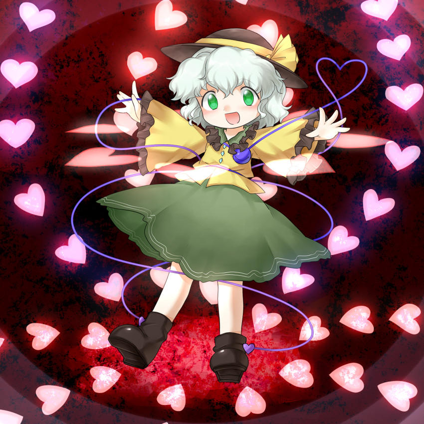1girl arms_up bangs blush boots brown_footwear brown_headwear child commentary_request eyebrows_visible_through_hair flat_chest frilled_shirt_collar frilled_sleeves frills full_body green_eyes green_hair green_skirt happy hat hat_ribbon heart heart_background heart_of_string highres komeiji_koishi long_sleeves looking_at_viewer lotosu open_mouth outstretched_arms red_background ribbon shirt short_hair sidelocks skirt smile solo spread_arms standing third_eye touhou wavy_hair wide_sleeves yellow_ribbon yellow_shirt